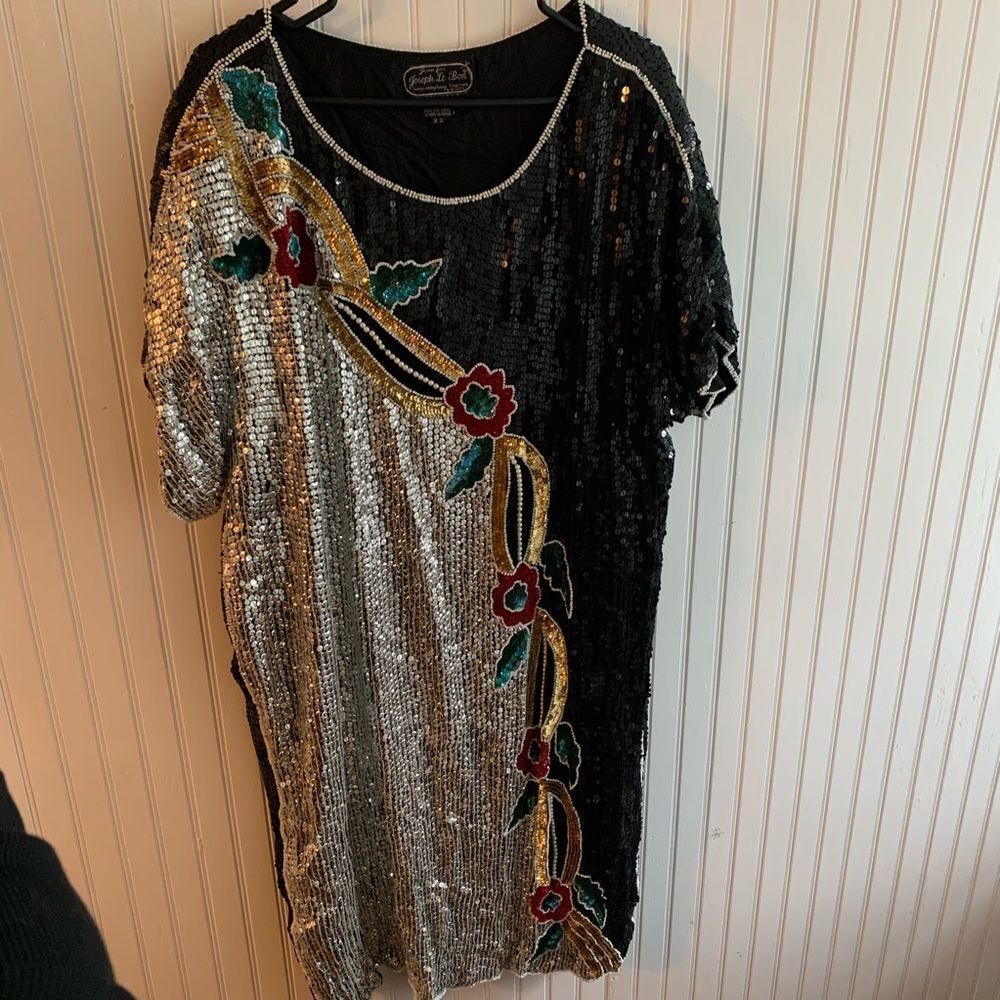 Vintage Beaded Dress Black Silver 2x Joseph Le Bon - Picture 1 of 6